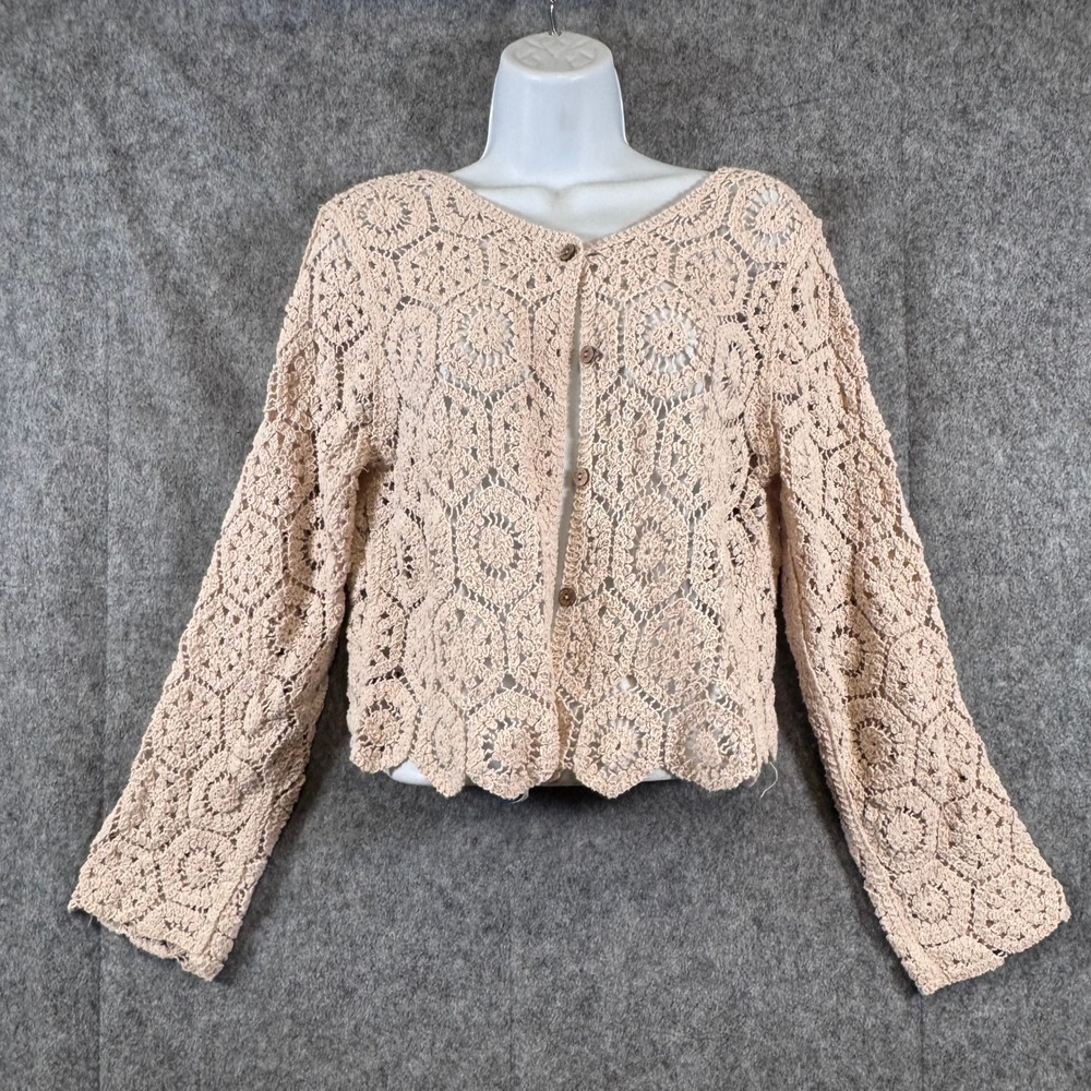 Crochet Cardigan Womens M Boho Cottagecore Button Down Scalloped Beige Knit